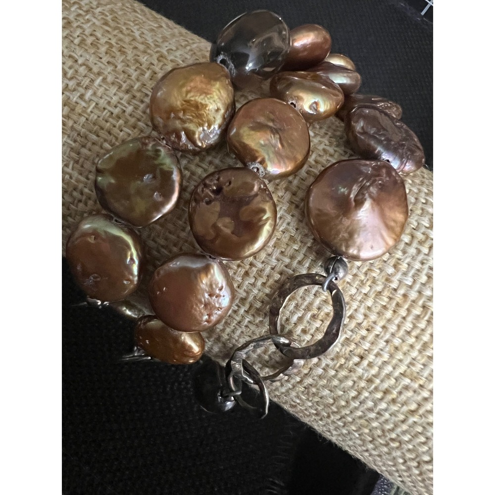 Vtg 925 Sterling Silver Bronze Coin Pearl Smokey Quartz Toggle Bracelet 8.5 In